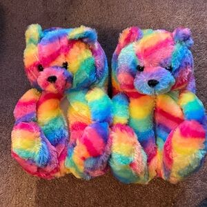 Rainbow Plush Teddy Bear Slippers